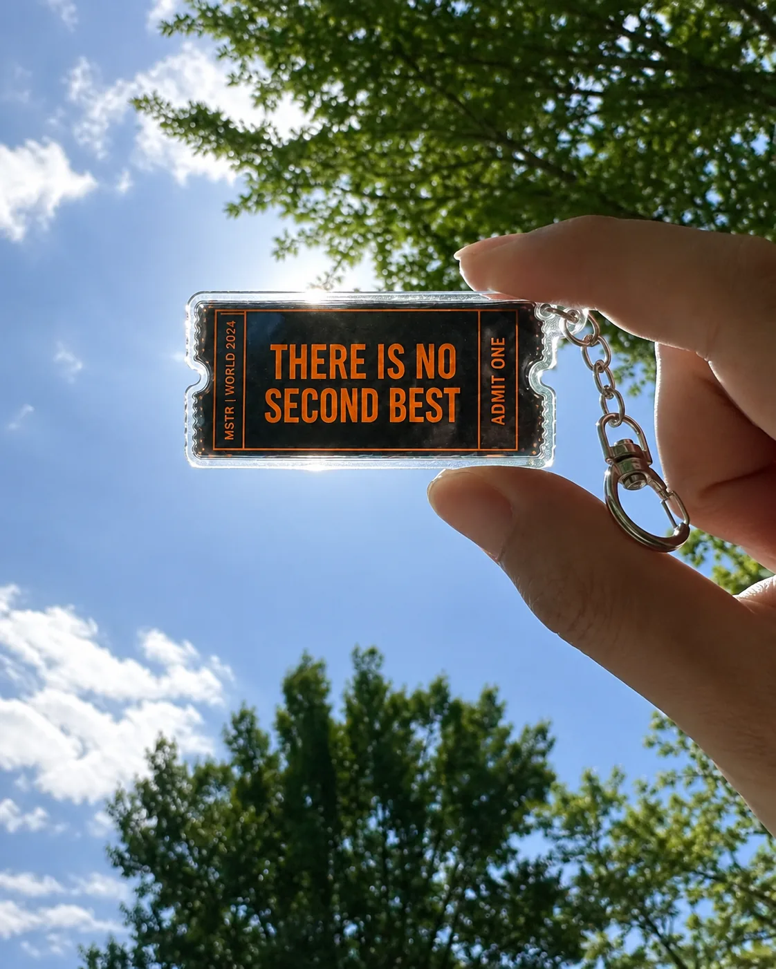 Holographic ticket collectible held against the sky