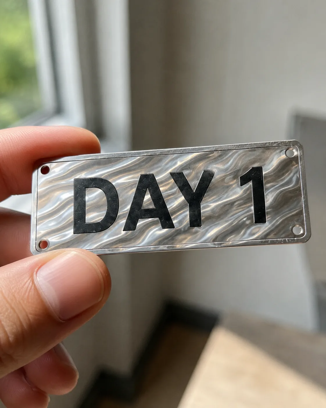 Polished Day 1 metal collectible held in a hand