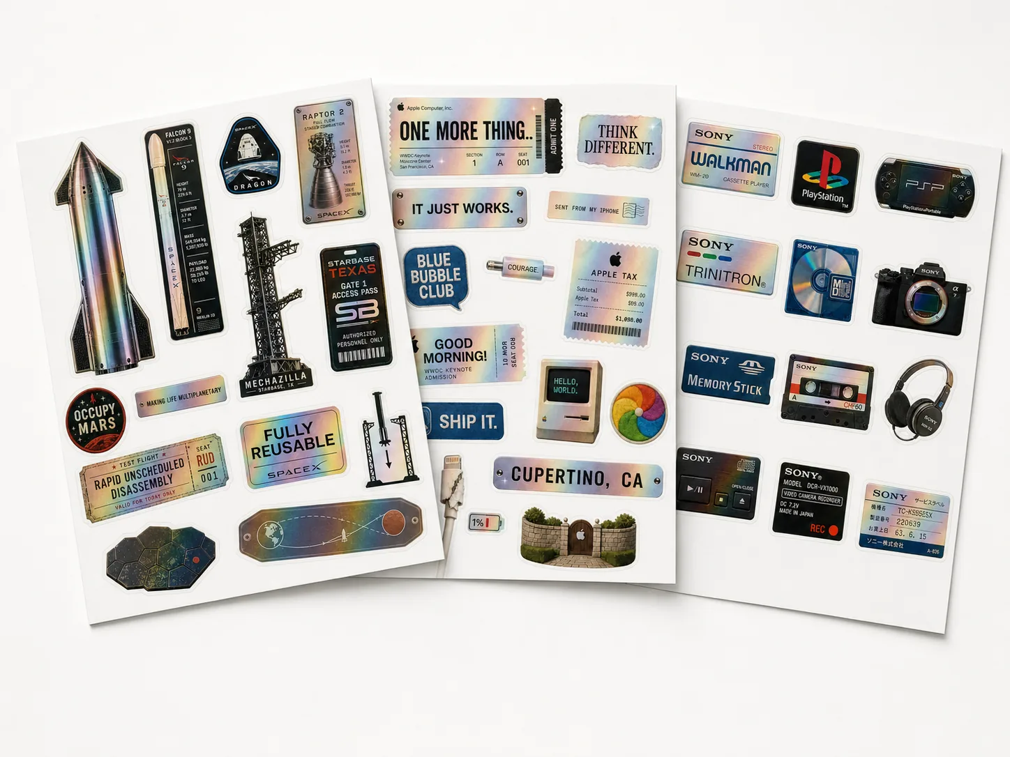 Sheets of holographic tech culture stickers